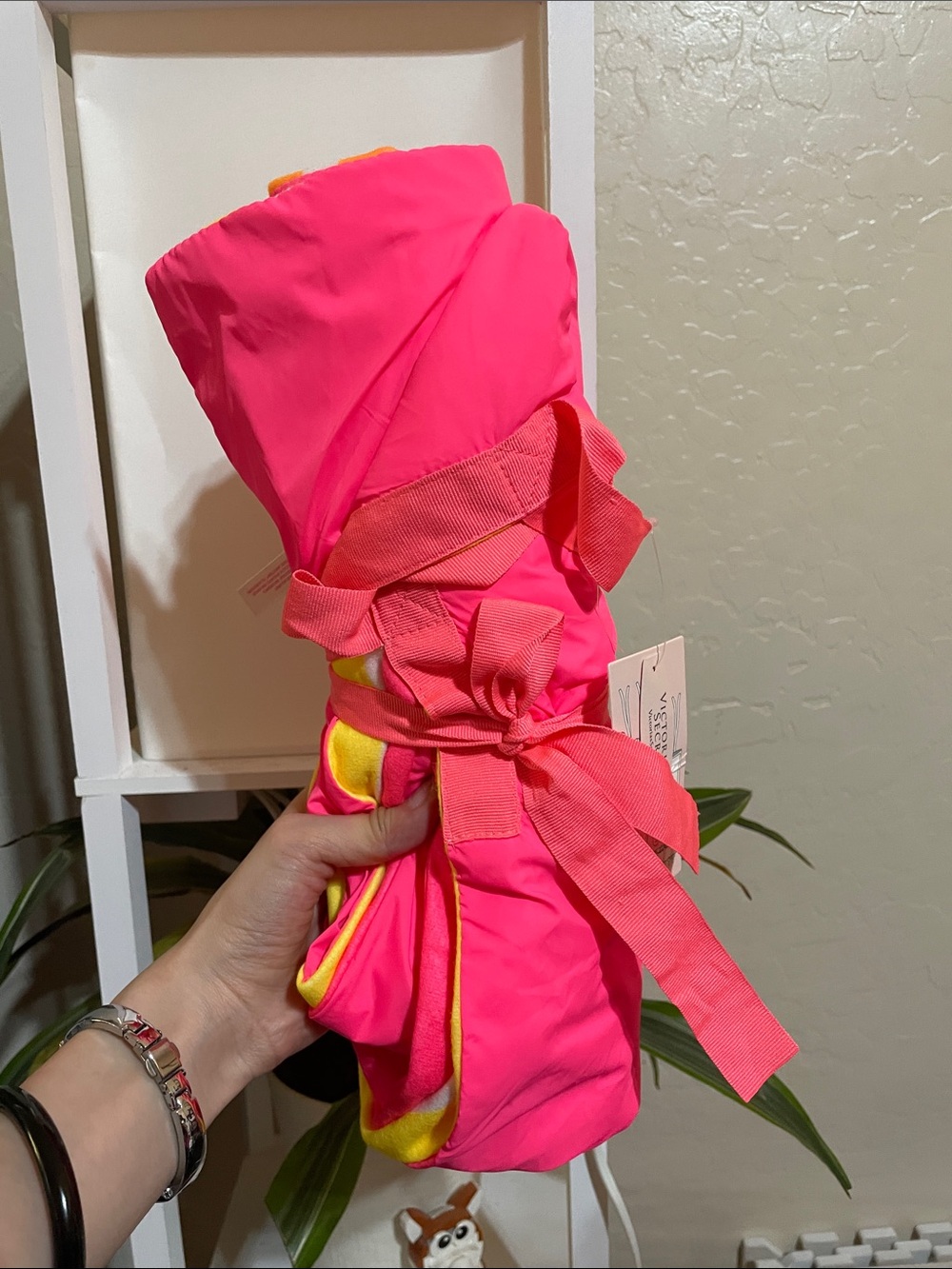 Victoria’s Secret Neon Pink Beach Towel with Yellow Orange Stripes and Pink Tie